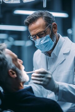 Un dentista controlla i denti di un paziente durante una visita odontoiatrica.