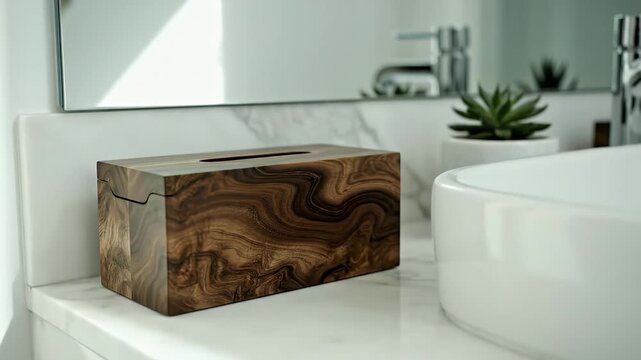 Luxury bathroom tissue box holder design modern interior decor wood grain texture elegant home accessories minimalist style contemporary architecture lifestyle footage stock video