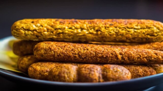 Close up of golden brown breadsticks on a plate against a dark background