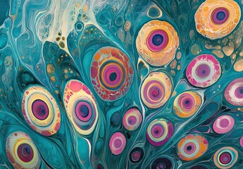 A vivid abstract digital art piece featuring circular, eye-like patterns in bright colors such as pink, orange, yellow, and blue, set against a teal background