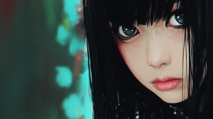 Intense gaze of a mysterious girl with vivid blue eyes and sleek black hair, depicted in a stunning digital art style with striking chromatic aberration and an ethereal teal bokeh backdrop. A modern,