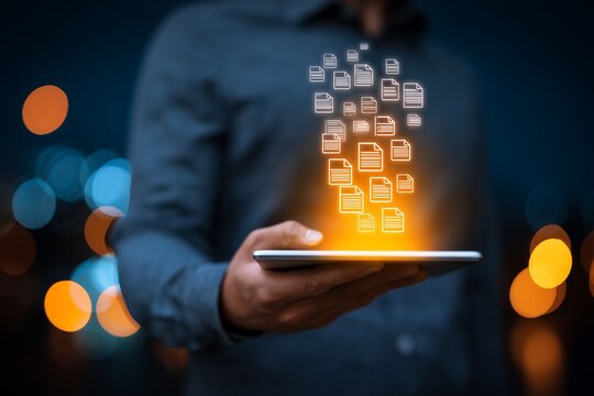 Businessman holding tablet transferring glowing document icons against dark city lights, concept for digital archiving, secure storage and financial reporting - Powered by Adobe