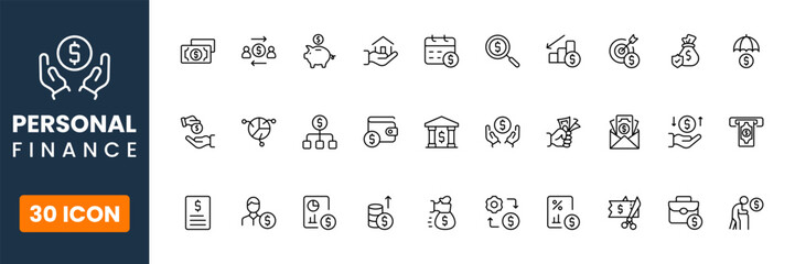 Personal finance icon set, money management budgeting savings symbols, financial planning icons, modern flat vector for apps and web
