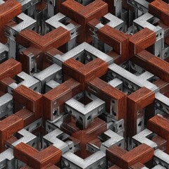 Abstract geometric pattern of interlocking wooden and metal structures