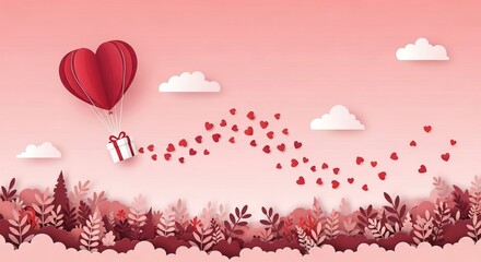 Romantic Sky Scene with Heart Hot Air Balloon Carrying a Gift Box and Trail of Hearts