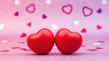 Fototapeta premium Two red hearts on pink background with heart confetti