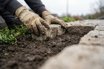 Person works on laying stone in garden landscape during cloudy day near green plants and soil