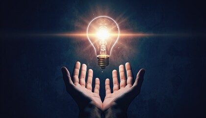 Glowing light bulb floating above open human hands, dark background, concept of creativity and new ideas