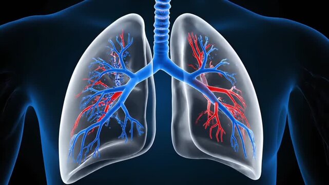 Detailed illustration of human lungs with red and blue bronchial tree against a translucent human torso background.