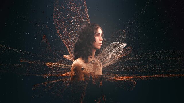 Mystical portrait of a young woman slowly dissolving into a cloud of glowing golden particles, resembling ethereal wings