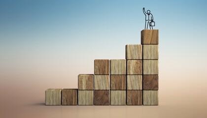 Wooden blocks stacked as ascending staircase with small human figure at top