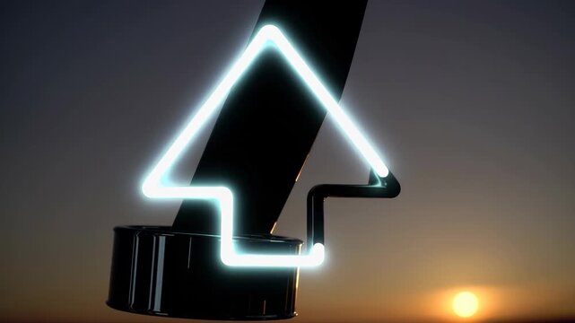 A glowing neon arrow points upward against a twilight background, symbolizing direction and progress. The light from the arrow creates a striking contrast with the dark silhouette.