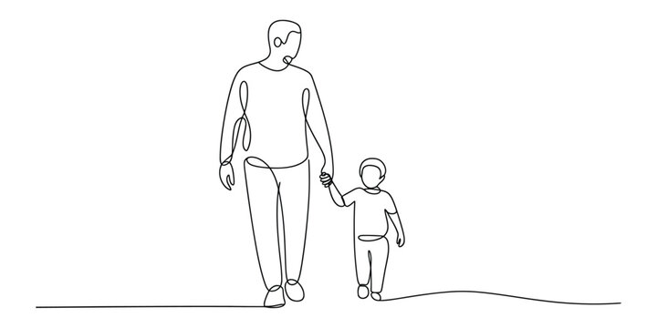 Continuous line art of a father and son walking hand-in-hand, symbolizing guidance and connection
