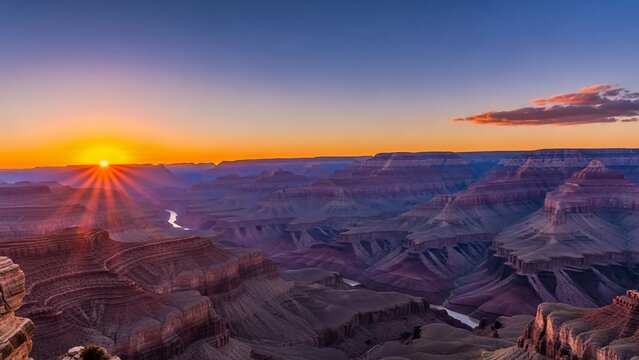 The sun sets over the vast and majestic Grand Canyon landscape