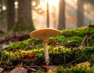 Mushroom in Forest Sunlight - A Close-Up of Natures Beauty.