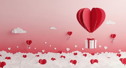 Romantic paper craft hot air balloon delivers a special gift over a dreamy pink cloudscape filled with charming red hearts, perfect for celebrating love and affection