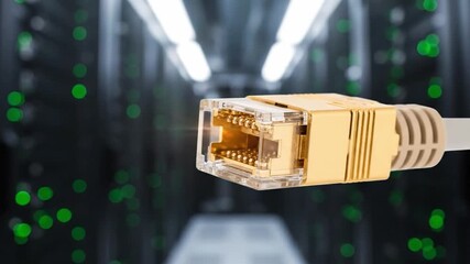 Close-up of a golden network cable connector in a server room with blurred green lights in the background