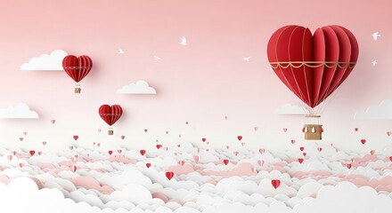 Red hot air balloons in heart shapes floating in the sky amongst clouds, symbolizing love and romance