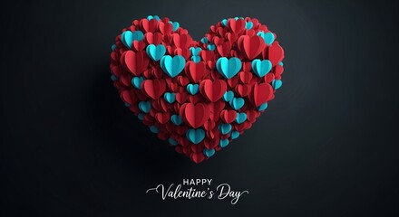 A beautiful composition of countless small red and blue hearts forming a larger heart, symbolizing love and affection for Valentine's Day celebration with elegant typography
