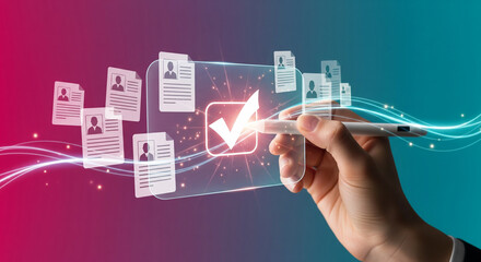 A professional hand using a digital stylus to select a resume with a checkmark icon representing human resources recruitment hiring and job application candidate screening