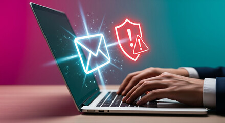Businessman hands typing on laptop with glowing email icon and red shield warning symbols representing cyber security alert phishing scam prevention and data protection