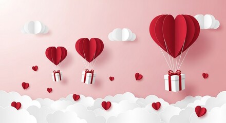 Festive Hot Air Balloons carrying Gifts Float Above Clouds on a Pink Sky, Celebrating Love and Joy