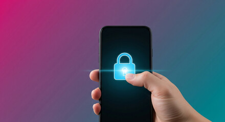 Close up of a hand holding a smartphone with a glowing digital padlock icon on the screen representing mobile data security and personal privacy protection