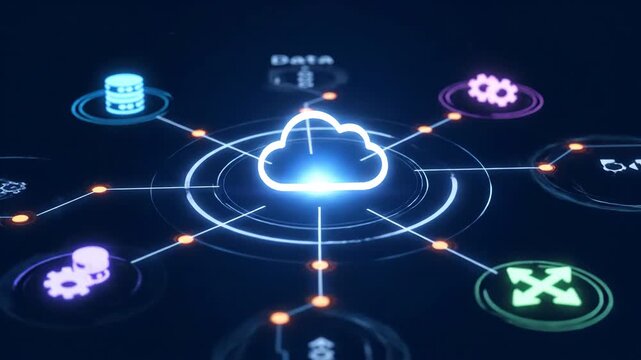 Digital cloud network schematic with glowing icons for data and connectivity on a dark blue backdrop