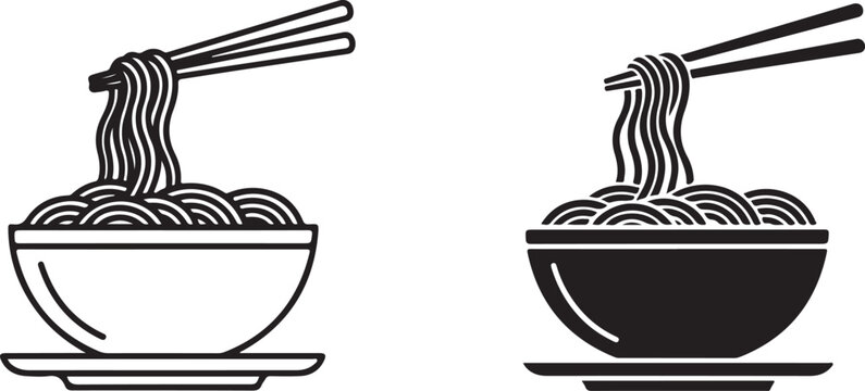 Minimalist black and white icon set: ramen noodles in a bowl with chopsticks