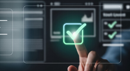Close up of person finger touching digital screen with green check mark icon for online task completion business process management and software interface confirmation