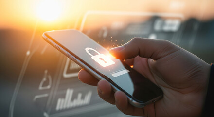 Close up of hand using smartphone with digital padlock icon for mobile cyber security data protection and privacy concept during golden hour sunset background