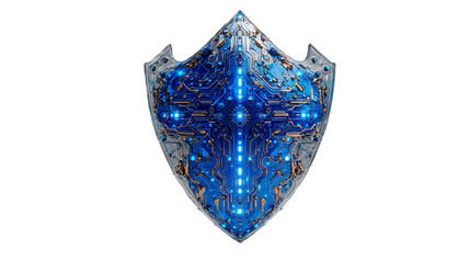 Majestic translucent shield with blue lights and intricate patterns in a futuristic setting