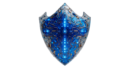 Majestic translucent shield with blue lights and intricate patterns in a futuristic setting