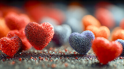 A close-up view of small glitter hearts in red and blue, arranged on a sparkling surface with soft bokeh lights in the background.