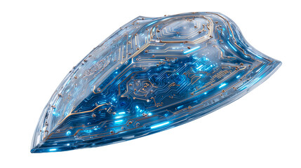 Majestic translucent shield formed with intricate circuit designs and glowing blue lights in a digital space