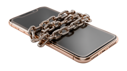 Modern smartphone secured with metallic chains on a plain background