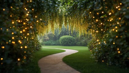 Serene garden pathway with twinkling lights and lush greenery at dusk