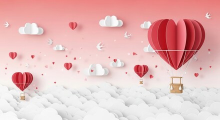 Red heart-shaped hot air balloons floating among white clouds and hearts in a serene pink sky