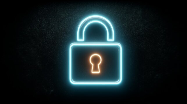 Glowing lock icon with a keyhole in a dark background illustrating the concept of digital security - Powered by Adobe