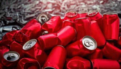 Pile of Red Aluminum Cans Ready for Recycling.