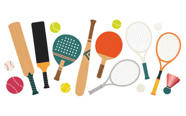 collection of various sports equipment and balls on white background