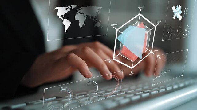 Abstract data visualization with graphs and charts overlaying a keyboard, representing technology, business insights, and analytical processes Gluon.