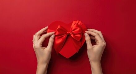 Hands gently opening a heart-shaped gift box tied with a red satin bow, symbolizing love and romance for Valentine's Day