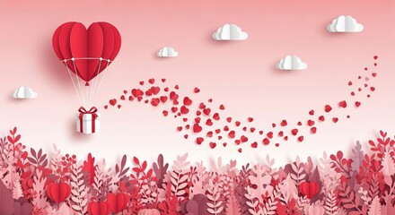 Valentine's Day hot air balloon delivering a gift adorned with hearts over a floral landscape
