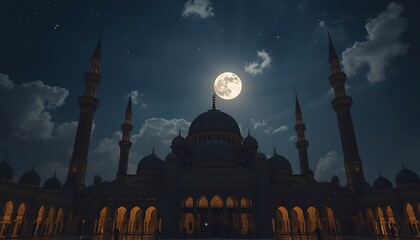 A grand mosque stands in dark silhouette against a dramatic night sky, beautifully illuminated by a brilliant full moon and scattered clouds.