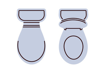 Modern toilet bowl top view flat vector illustration of contemporary WC pan with seat and lid, minimal bathroom fixture design, hygienic lavatory equipment, overhead perspective vector illustration.