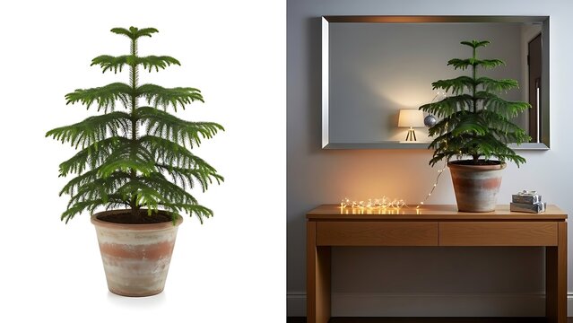 Potted Norfolk Island Pine Tree Indoors with Mirror and Lights