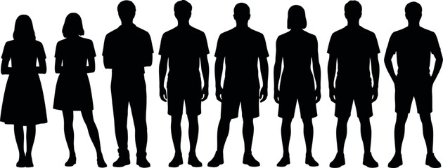 Diverse group of adult male and female silhouettes standing together in casual attire showcasing different body types and heights