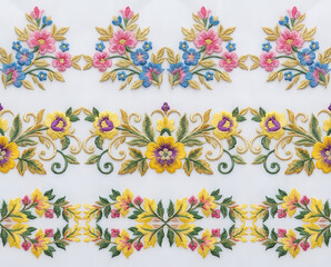 Colorful Floral Embroidery Border Pattern on White Fabric 