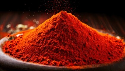 Pile of vibrant red chili powder on a white plate.